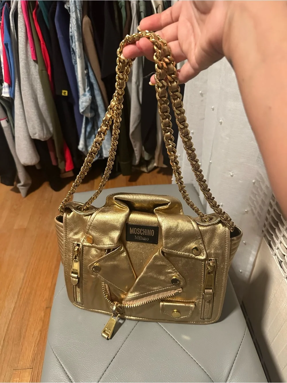 Moschino Gold Moto Jacket Crossbody Bag